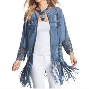 161. Chico's Blue Fringe Faux Suede Cardigan - Size Medium